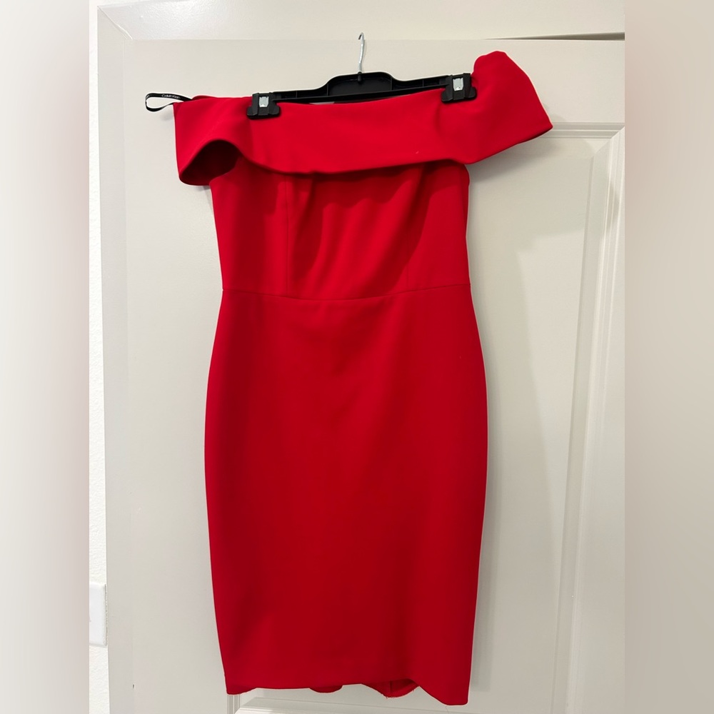 Calvin Klein off the shoulder red dress. Length is above the knee.